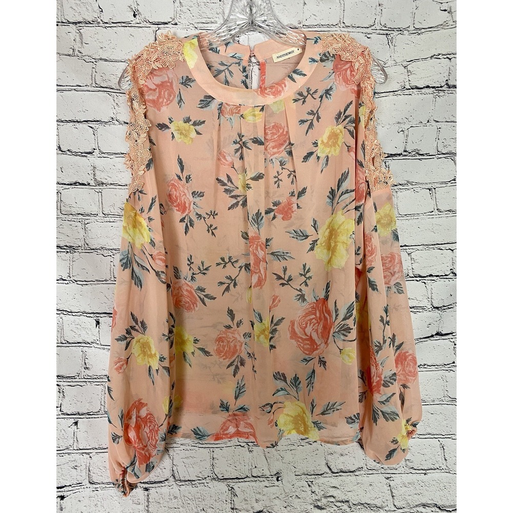 ANDTHEWHY NWOT Cold Lace Shoulder Long Sleeve Peach Floral M Sheer Top Blouse